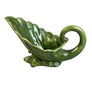 Vintage Ceramic Vase Dark Green Mid Century Modern Home Decor Cornucopia Bowl